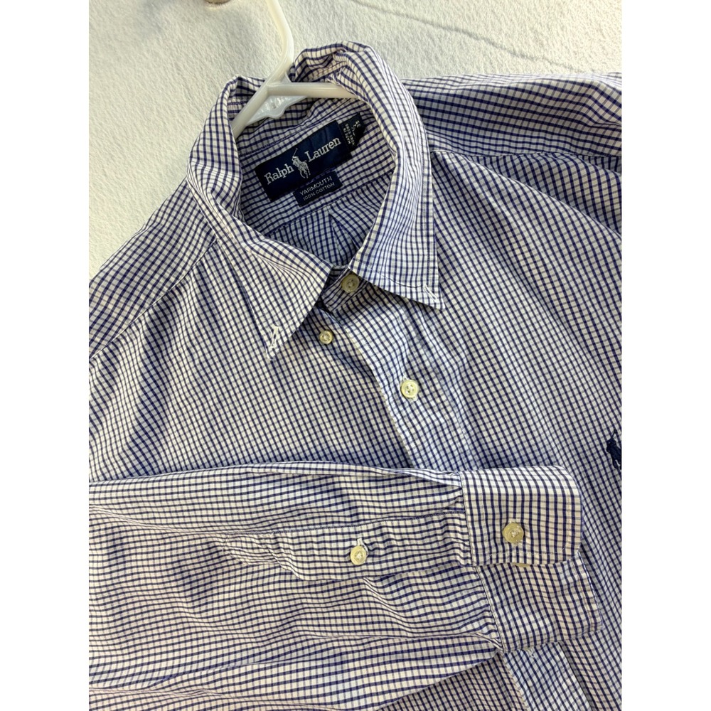 Ralph Lauren Yarmouth Men 16.5 34/35 Blue White Gingham Cotton Button Down Shirt